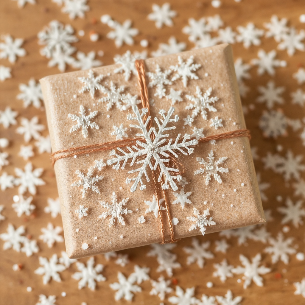 A small square gift, wrapped in brown paper, is tied with a natural brown twine string. Several white snowflake confetti pieces are glued onto the top of the package, which is adorned with an additional larger white snowflake ornament on top.