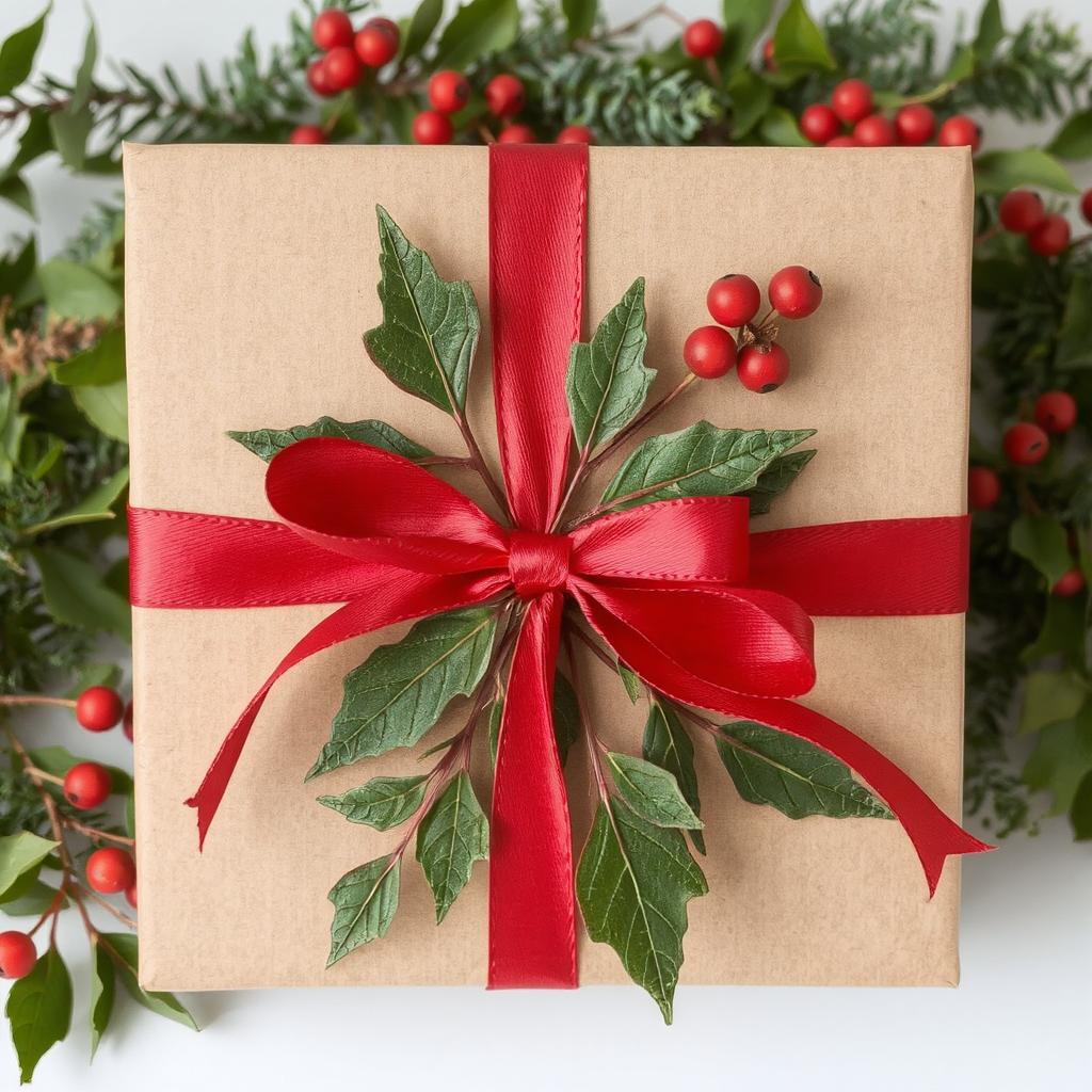 A box wrapped in brown paper is fitted with a bright red ribbon tied into a bow on top accompanied by fresh green leaves and red berries beneath bow.