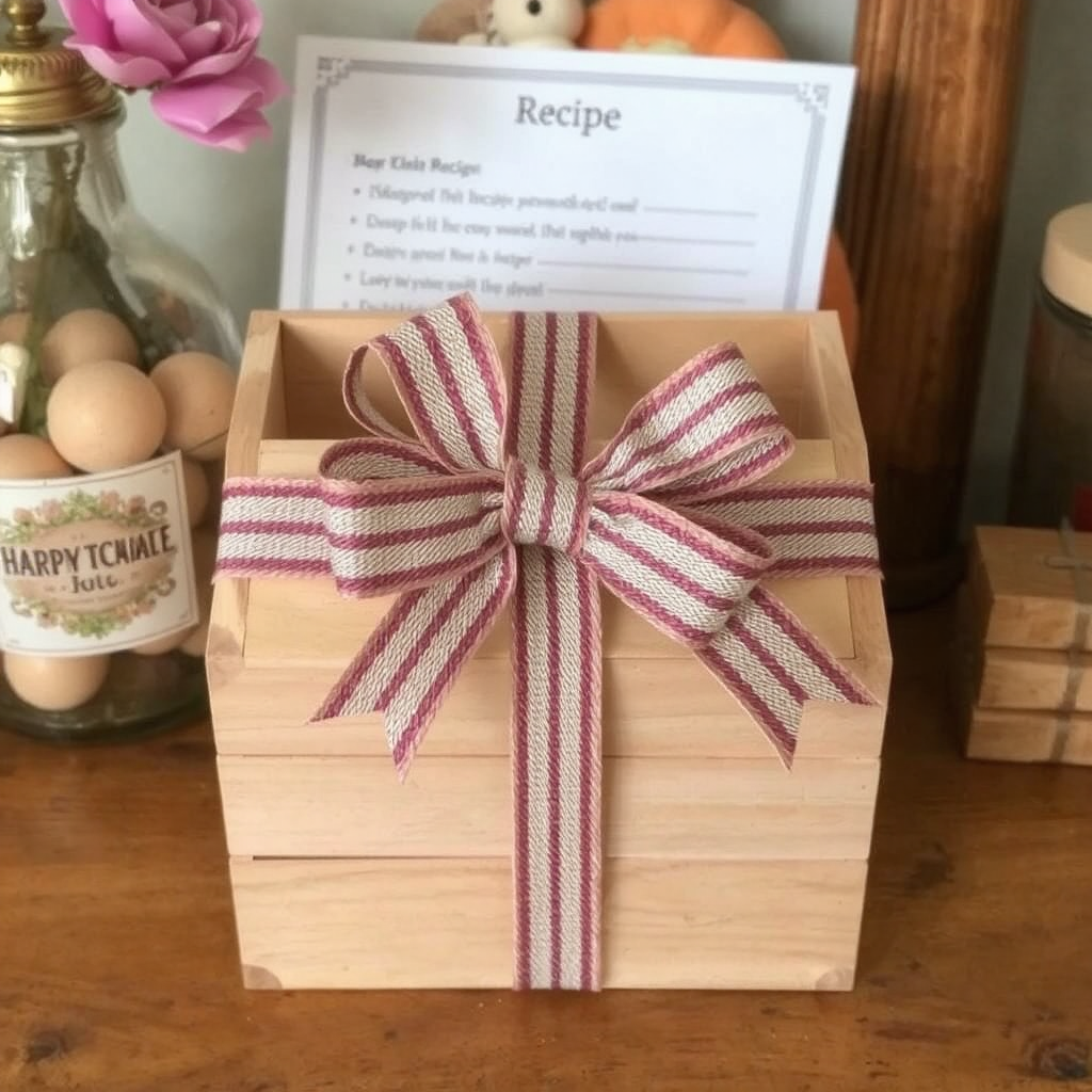 A light wooden recipe box adorned with a beautiful dark pink and white striped cloth bow sits atop a light cherry countertop. In the background, a slightly blurred recipe card and a vase with a fresh flower are visible. All of the objects are enhanced by a sage green colored wall behind them.