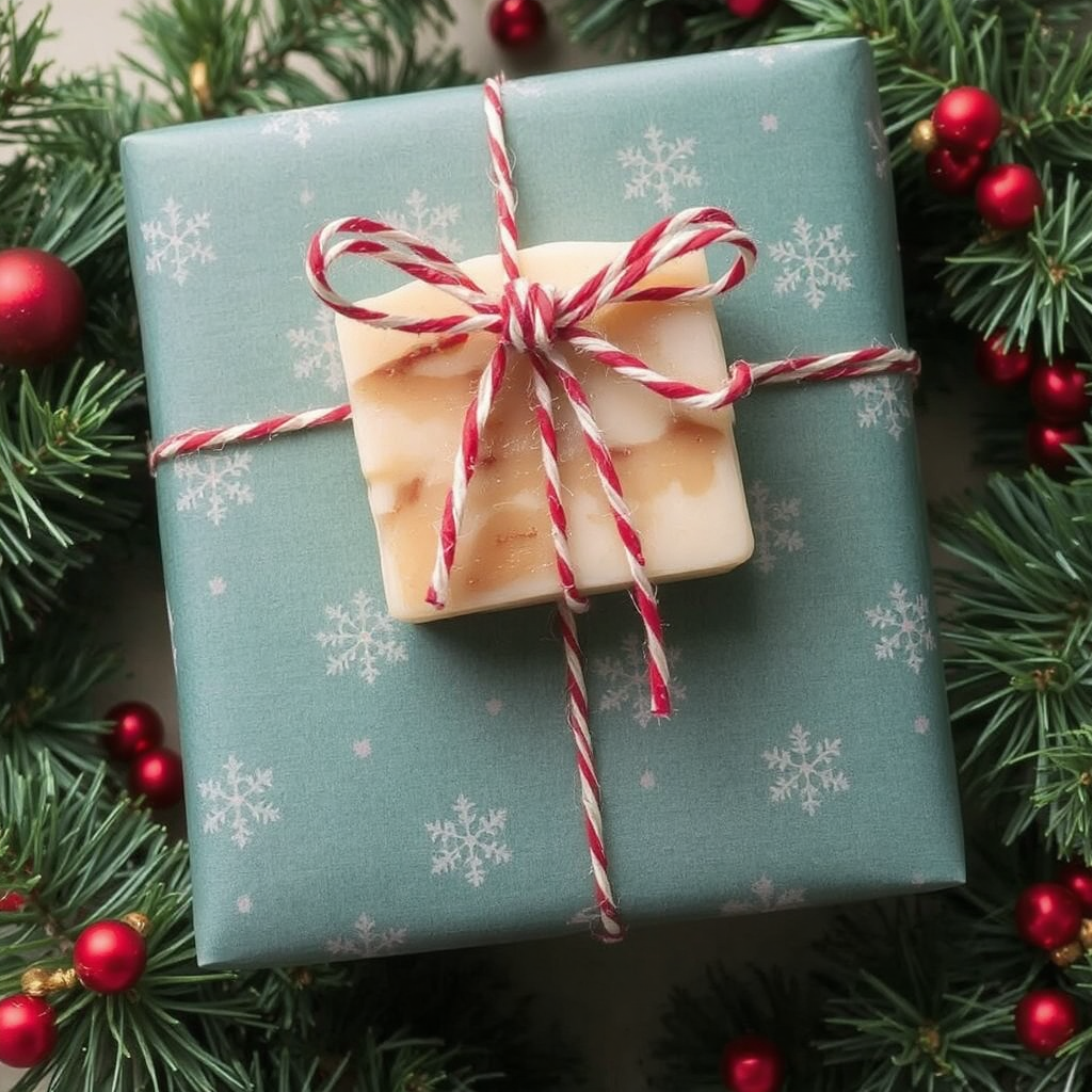 A light teal wrapping paper with off-white snowflakes is tied with a red-and-white-striped yarn-like string and tied into a bow. Underneath the bow sits beautiful ivory and tan handmade soap square. 