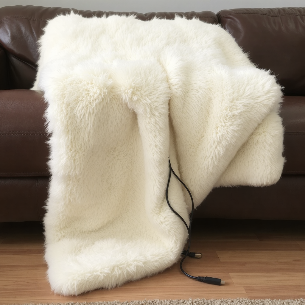 A white faux fur shaggy electric blanket is casually draped on a dark brown leather sofa. A black power cord is hanging from blanket.