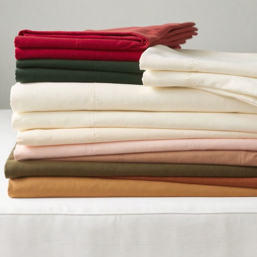 A pile of folded flannel sheets sits atop white table. colors include red, dark green, ivory, pink, army green, and rust.
