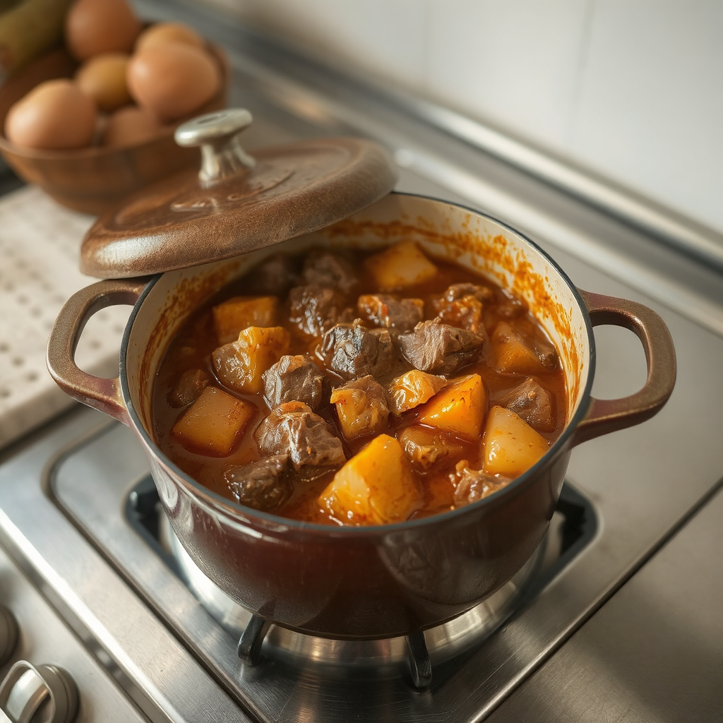 A Dutch oven sits on a stainless-steel stove a pot of beef stew with potatoes simmers in it. A of onions on the counter is blurred in the background. 