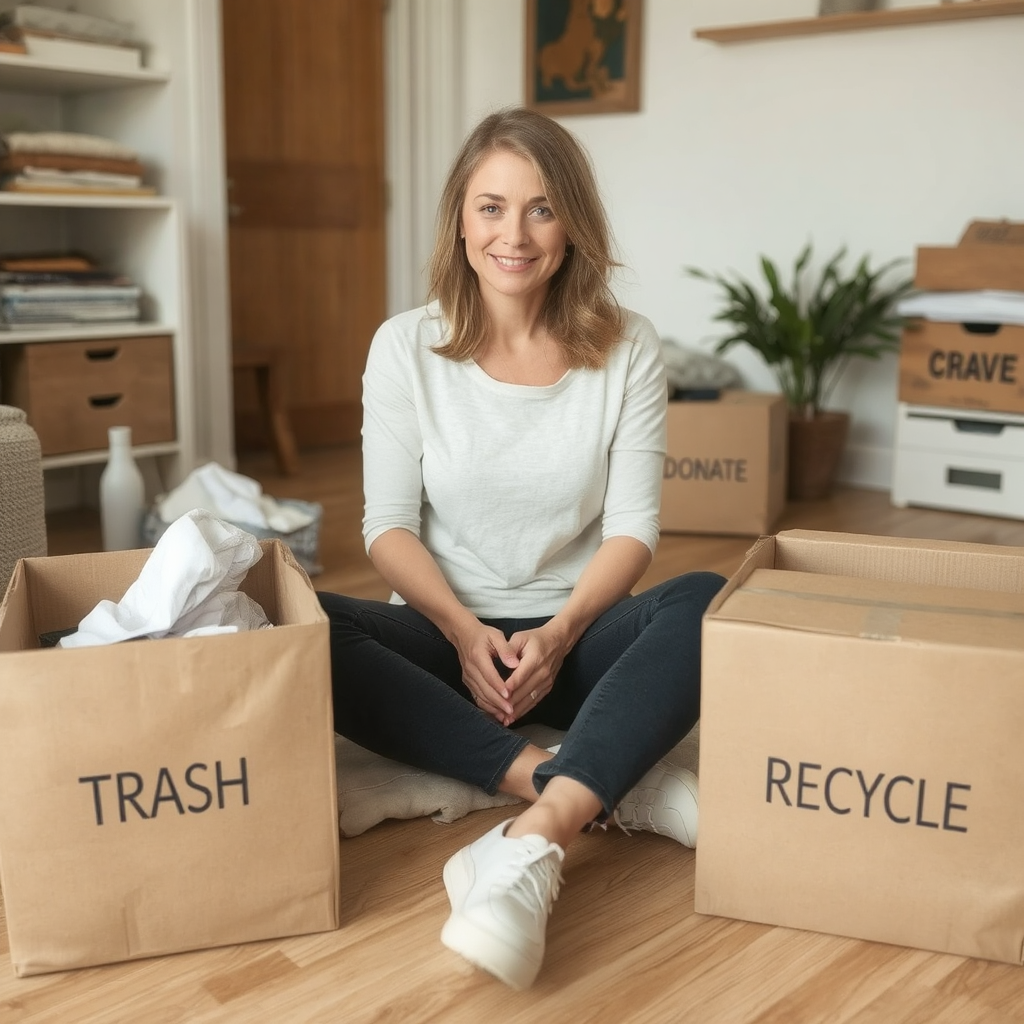 A blonde-haired woman sits cross-legged on the floor, surrounded by cardboard boxes labeled "trash," "cycle," and "donate" as she attempts to declutter home. The woman wears black pants, a white long-sved crewneck shirt, and white with no visible socks.
