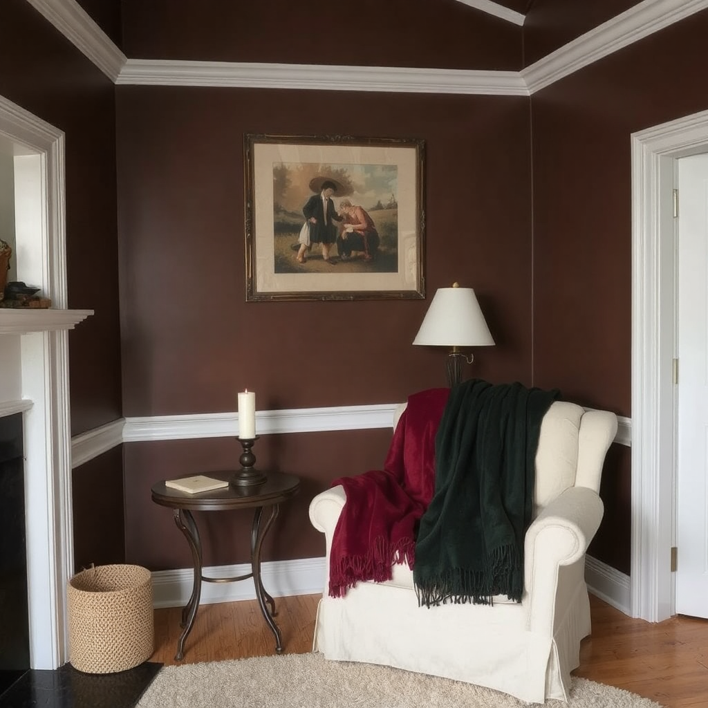 A chocolate brown room with white trim features a large, comfortable fabric sitting chair adorned with both a deep red and a dark green throw. A fireplace is visible on the right side of the image. A small, dark wooden table with a lit candle is positioned beside chair.
