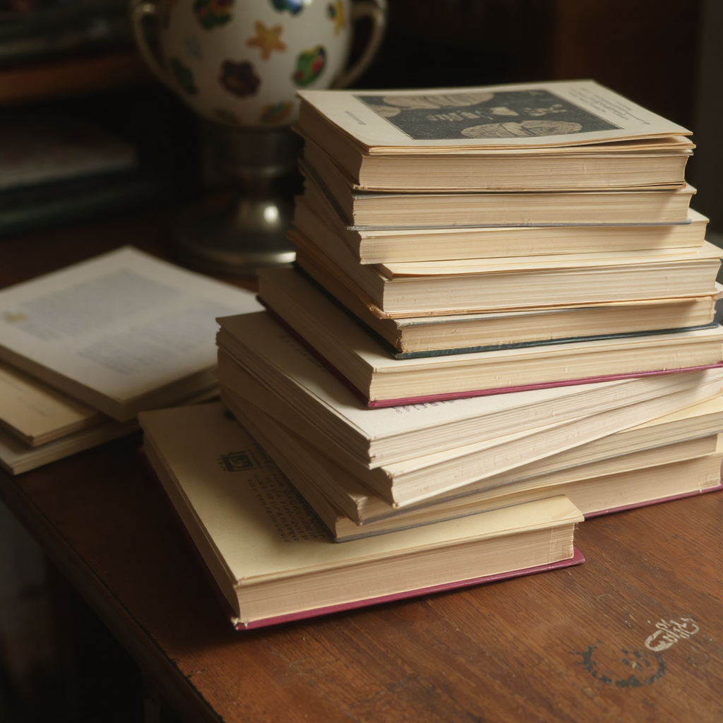 A stack of rests on a desk. In the background, an out-of-focus lamp is, where the image is darker. 
