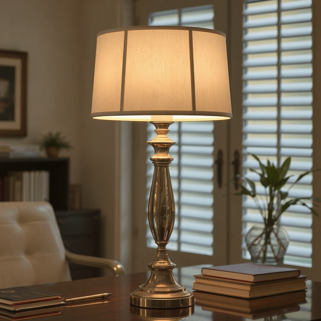 A lamp with an antiqued brass base and natural basic shade is dimmed and casting a soft light onto the dark oak desk it sits on.