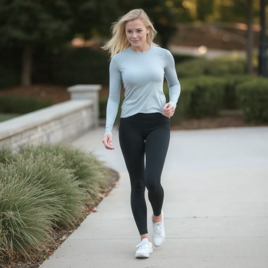 A blonde woman in a light teal long-sleeved shirt and black walking pants and tennis shoes seems happy as she smiles and walks along a sidewalk.