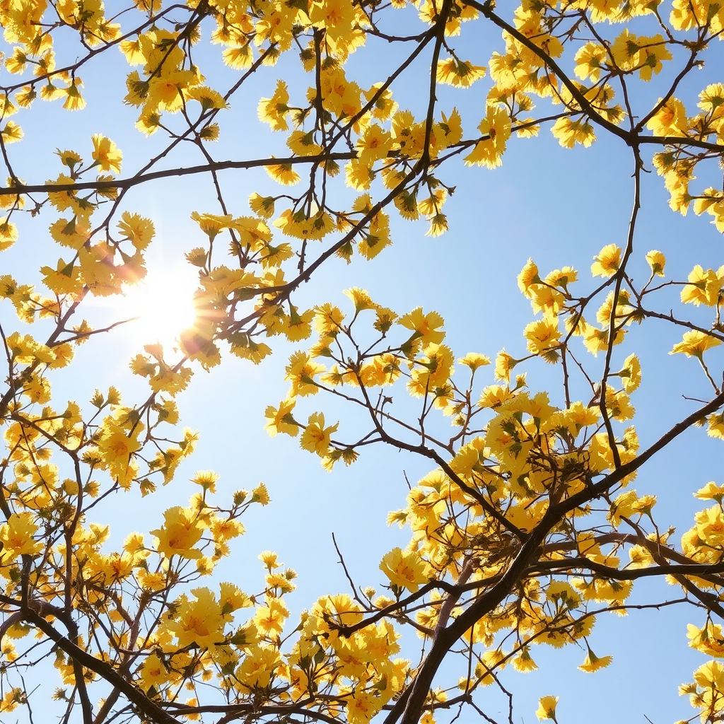 A beautiful pale blue sky is enhanced by a tree with hundreds of beautiful bright yellow blooms. The sun is shining through the branches.