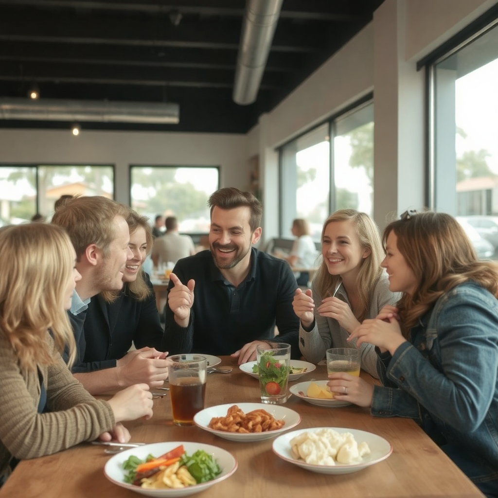 A table in a restaurant of six friends are dining and laughing and smiling as they spend time together during the holiday season.