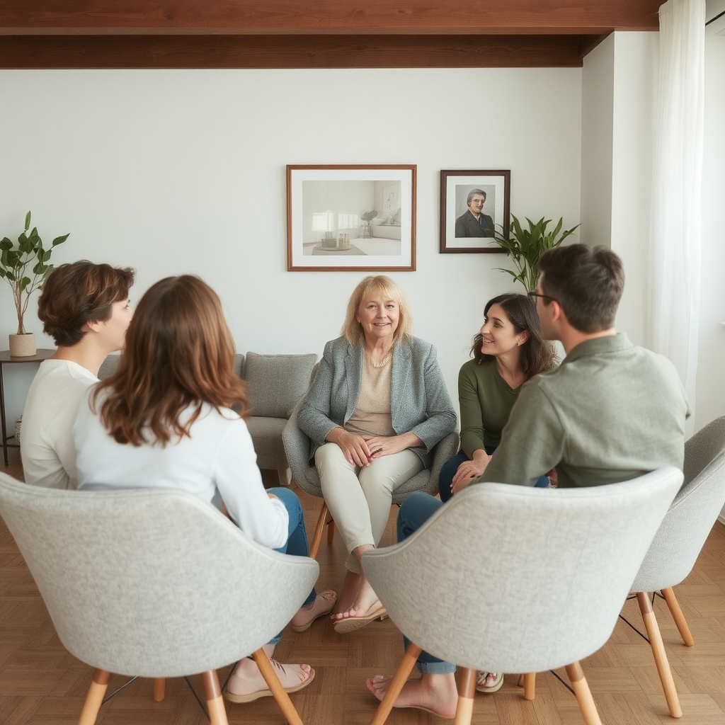 A room with modern chairs is filled with five people in a circle conversing and meeting to share their support with one another.