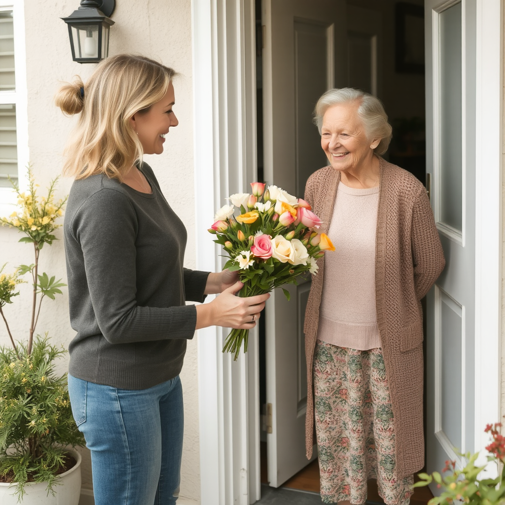 A blonde woman stands at the doorway of an older woman's home, offering her bouquet of fresh cut flowers from her garden. The older woman wears a long brown sweater, printed flowery skirt, and beige sweater. She smiles upon seeing the flowers.