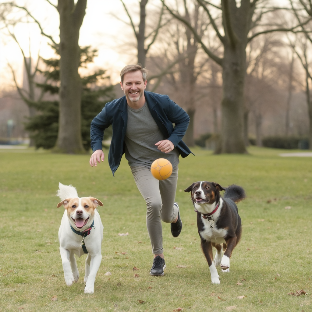 A man runs in a green grassy park with his two dogs chasing a ball. The man is smiling and enjoying the company of his two companions.