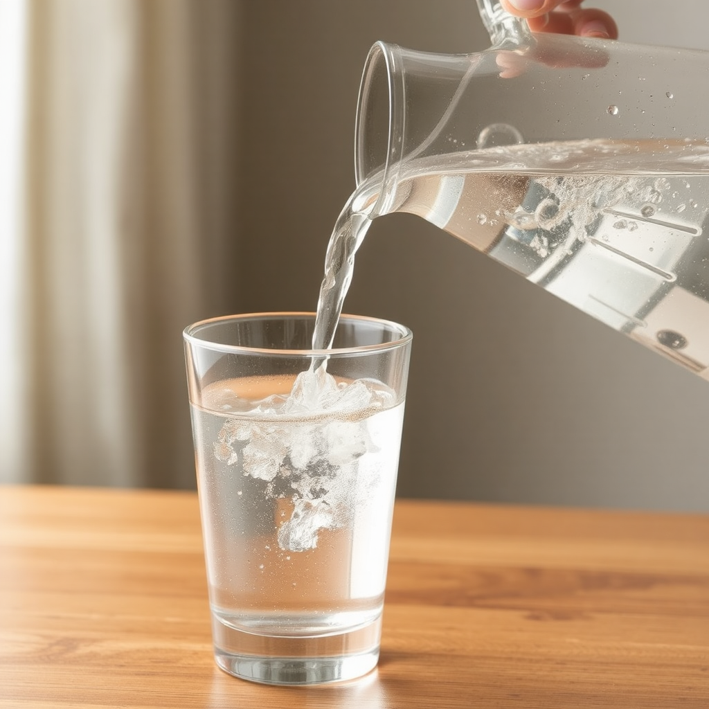 A water glass is being filled by a beautiful clear glass water pitcher. The glass sits on an oak tabletop and the backdrop is blurred. 