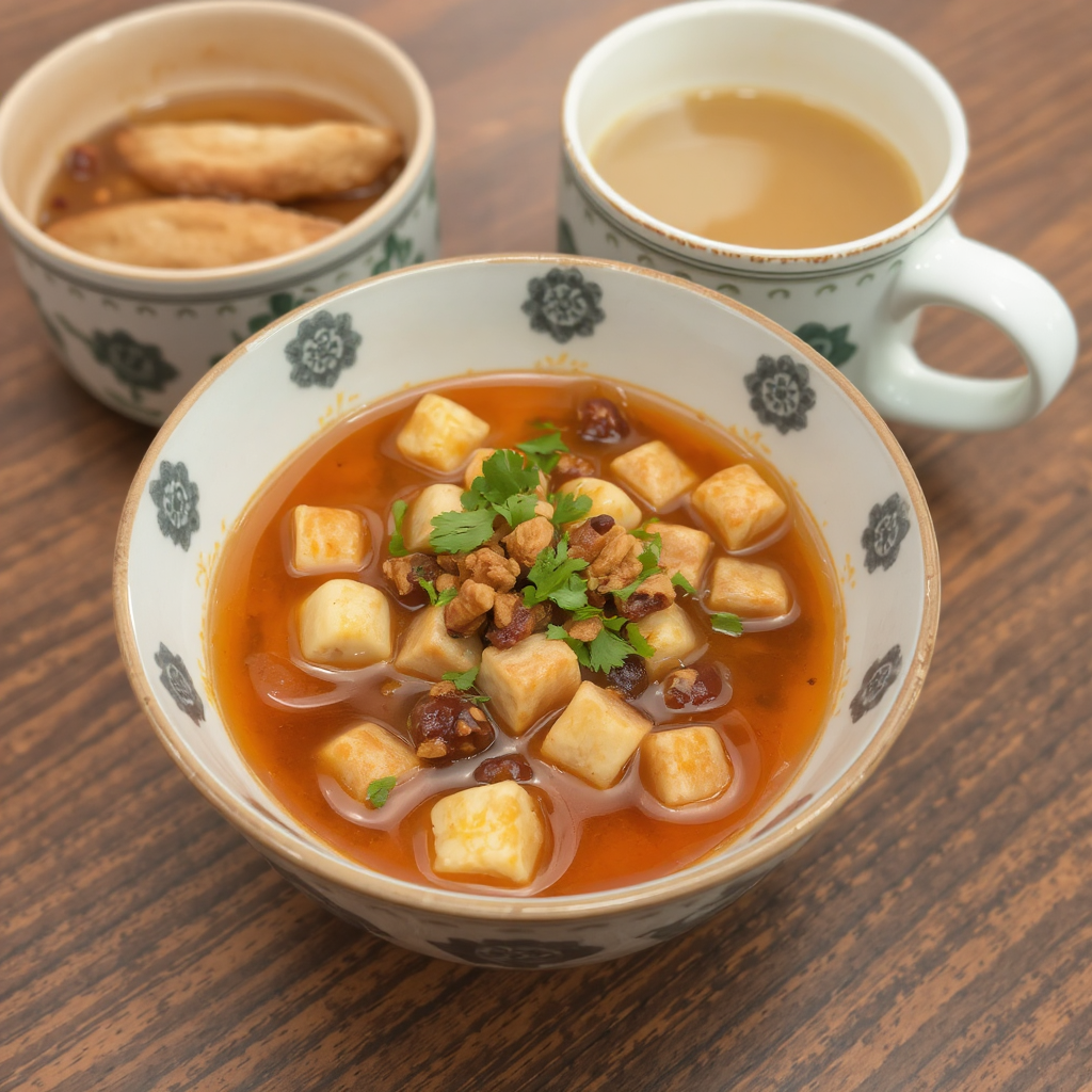 A large, decorated bowl of soup containing potatoes, parsley, and ground meat in a broth sits beside a cup of coffee and a smaller bowl with dipping bread atop a wooden tabletop.