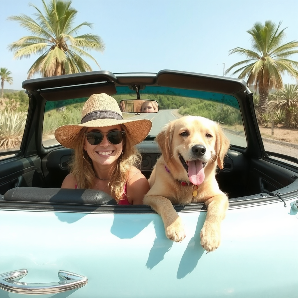 A woman adorned in a summery straw hat with a brown accent sits beside a golden Labrador in the front seat of a turquoise-colored convertible. Palm trees and foliage line the sides of the highway on which they are parked.