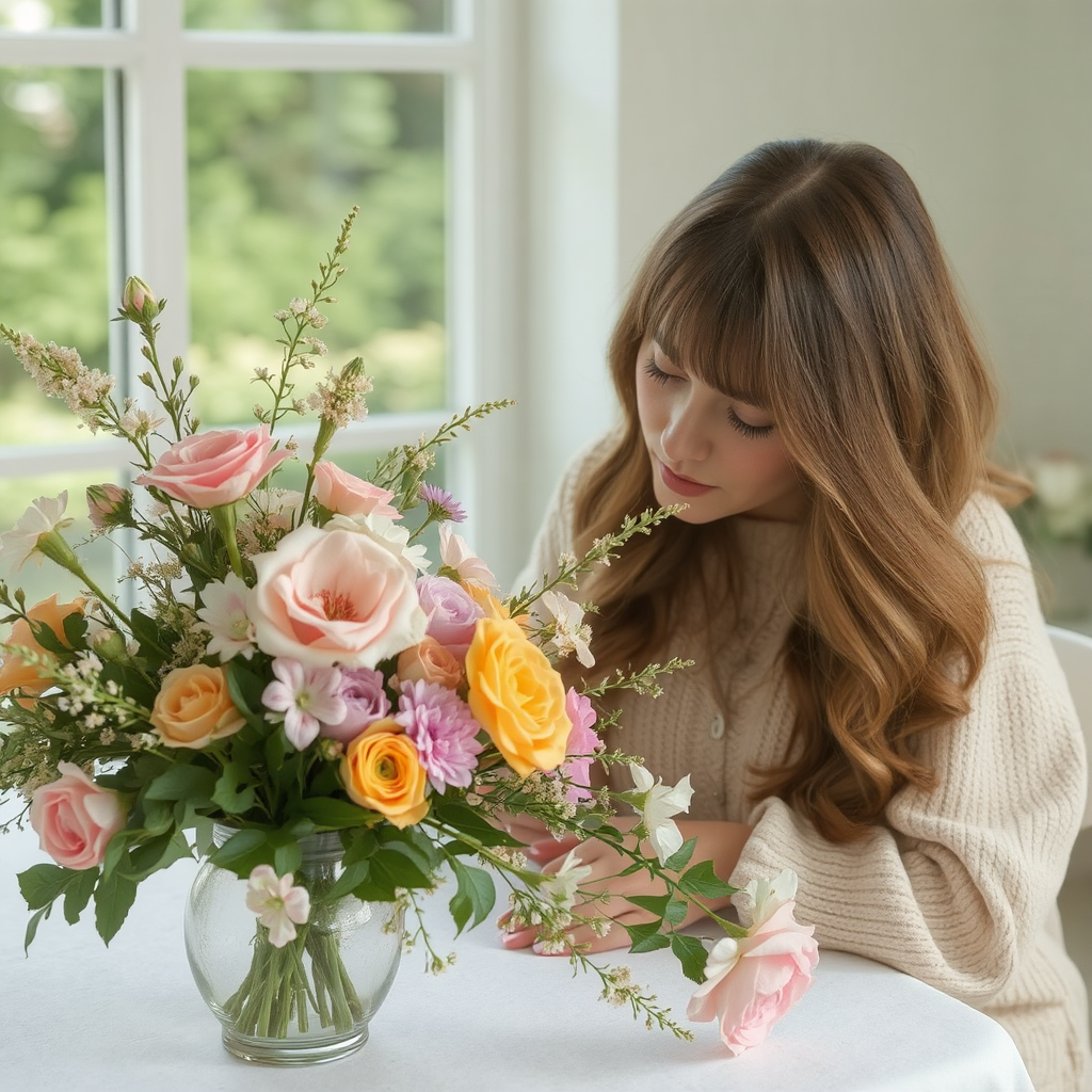 A young woman with long, light brown hair admires a bouquet of beautiful flowers arranged in a clear vase atop a white countertop. She is dressed in a heavy, long-sleeved sweater. In the background, a large window allows daylight to illuminate the room.