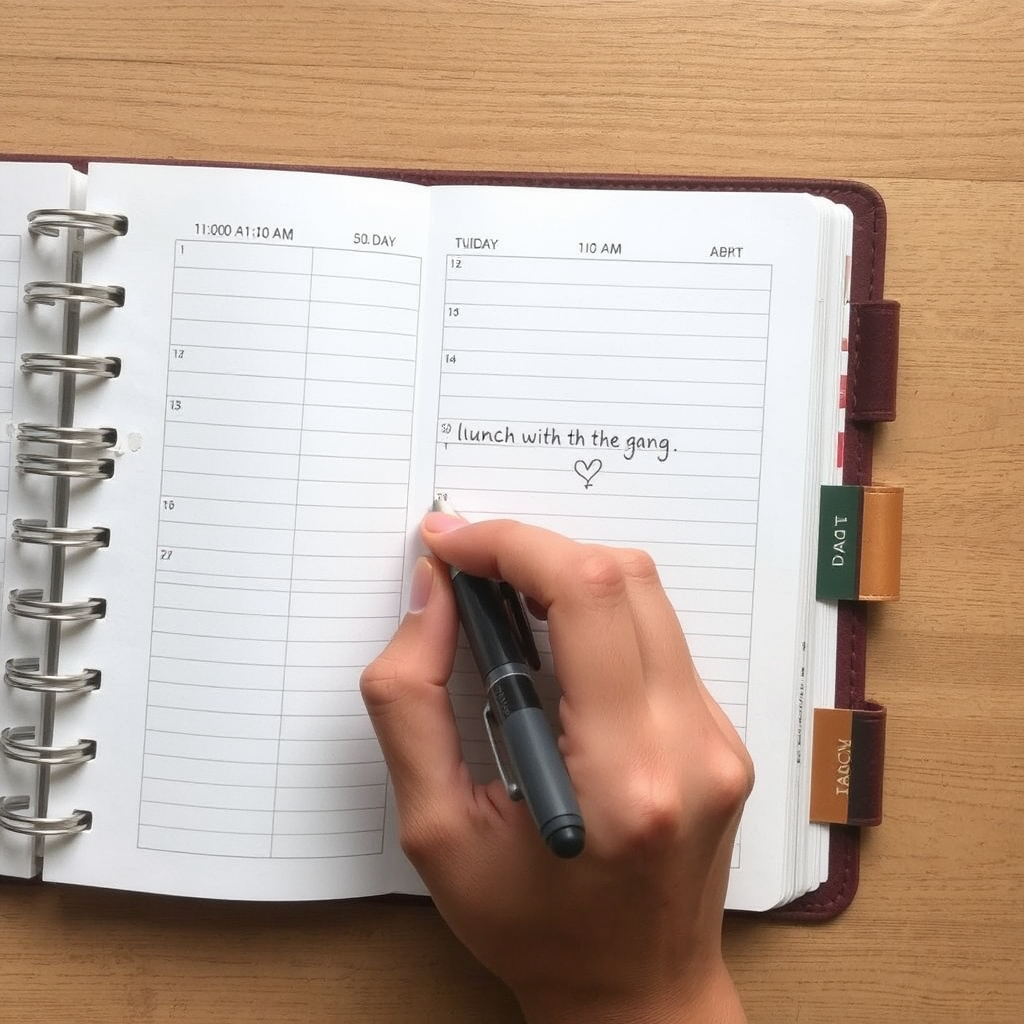 A hand is shown writing the words "Lunch with the gang." on a planner page. The hand holds a black pen atop a light desk.
