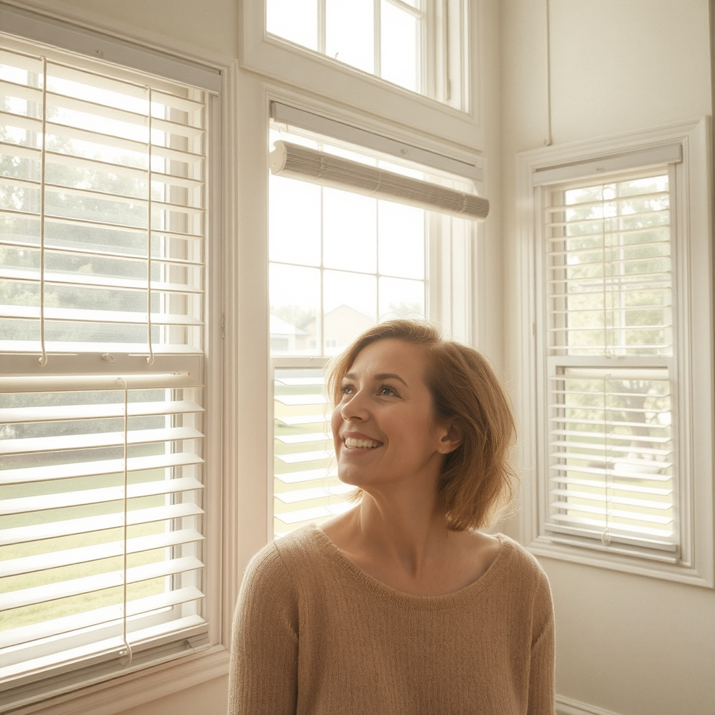 A short-haired blonde woman looks up at the open blinds of beautiful windows, smiling as the light streams in.  She wears a crewneck tan sweater. The room is spacious, with beige walls. The trees and grass surrounding the home are slightly visible through the windows.