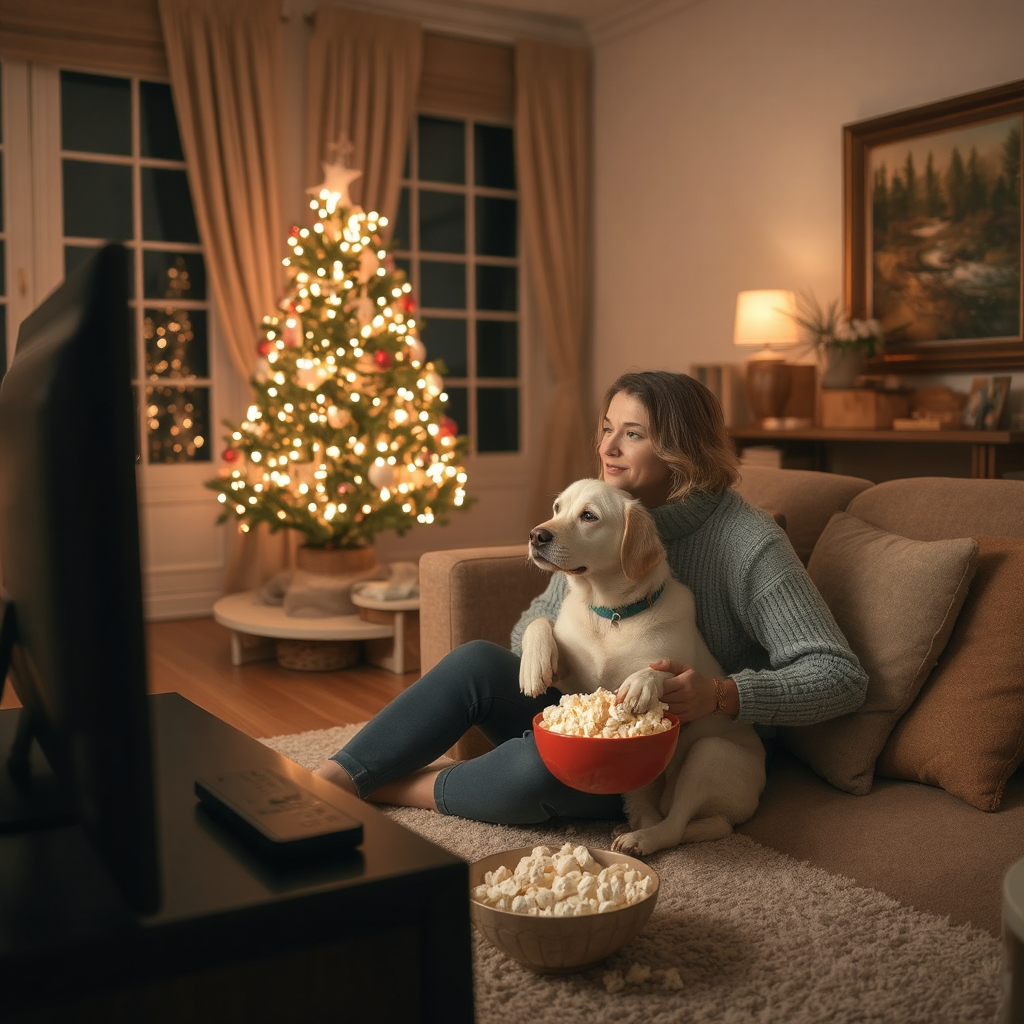 A short-haired woman sits with her yellow lab on a sofa, eating a bowl of popcorn. The two of them are watching a movie on a TV. The woman is dressed in jeans and a gray sweater. There is a lit Christmas tree in background, and the lights in room are dim.