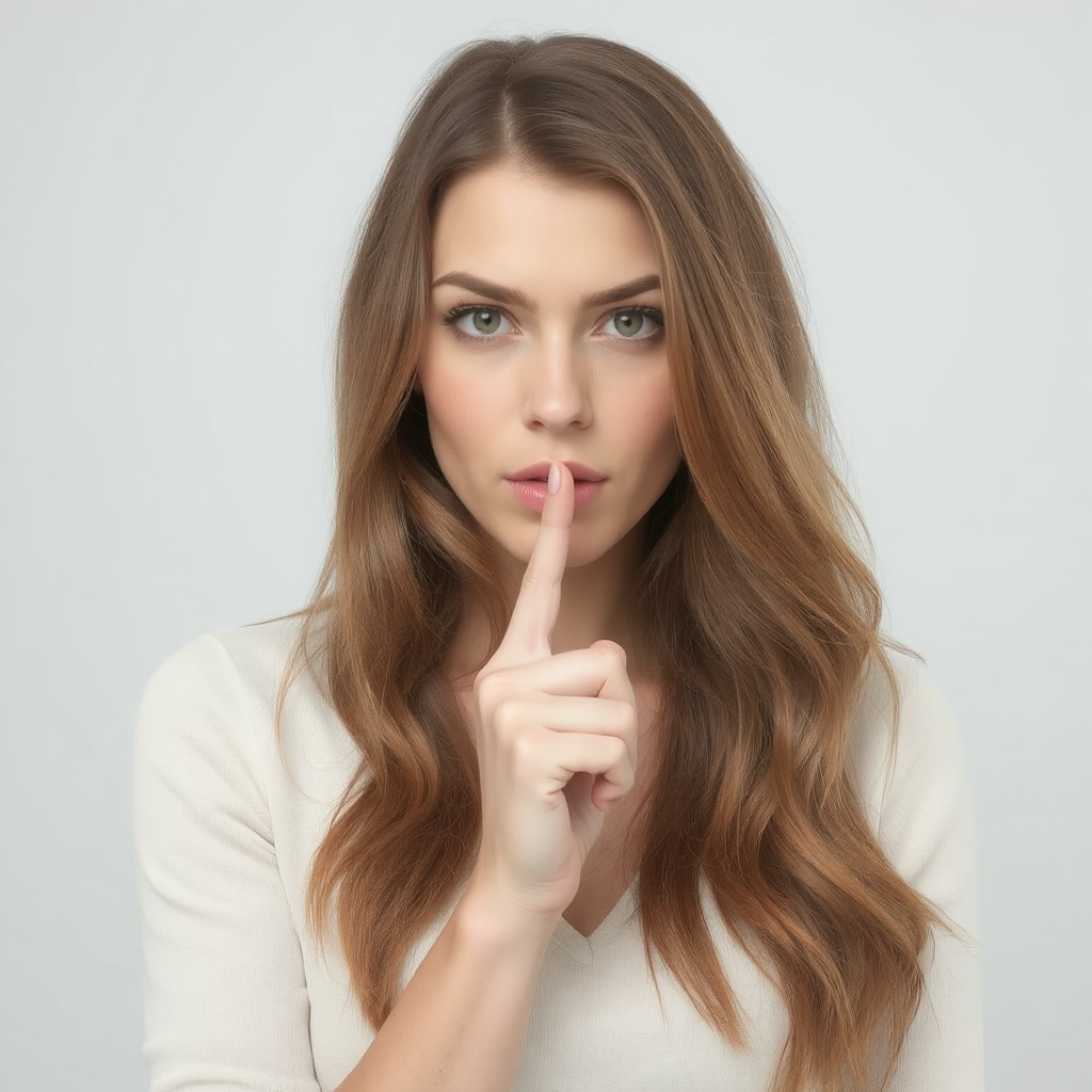 A beautiful young woman with light brown in her early twenties holds a finger to her mouth, signaling to keep something a secret. She is dressed in a v-neck ivory and stands against a pale grey.