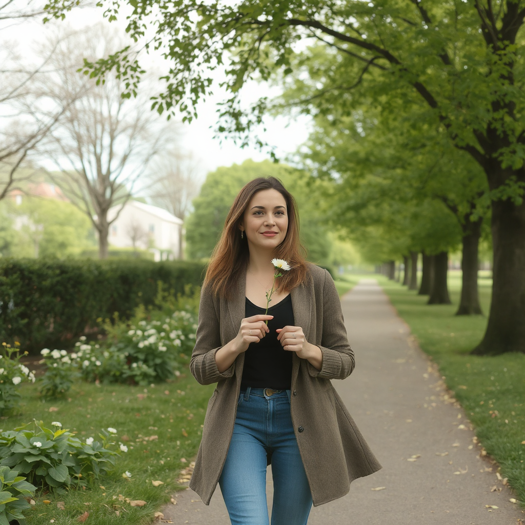 A red-haired woman strolls along a sidewalk on a wooded and foliage-laden street. She offers a gentle smile as she holds a freshly picked flower. Behind her, fallen leaves scatter on the concrete, where a row of trees line the path. The woman is dressed in darker jeans, a black top, and a jacket.