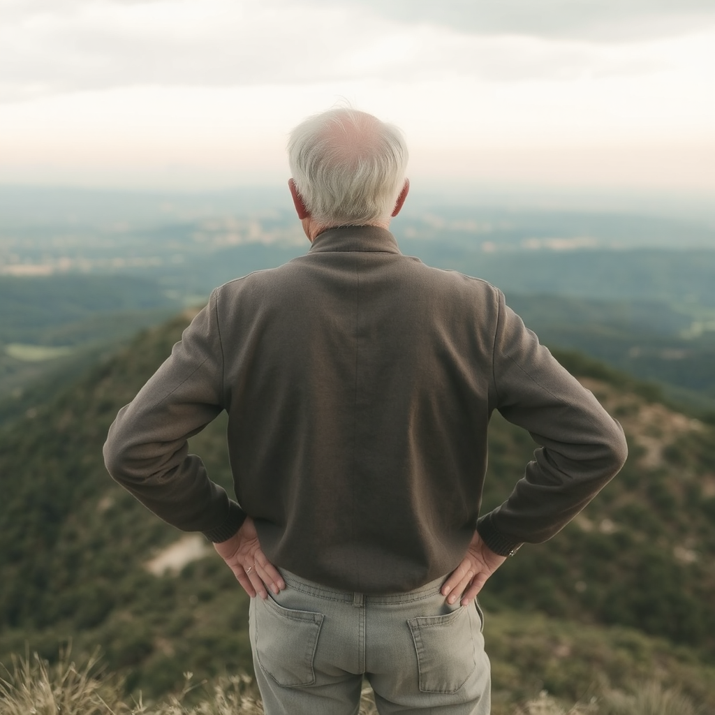 A slightly balding older grey-haired man is seen from behind. He is looking out over a vast landscape from a hilltop. He is wearing a brown shirt with faded light blue jeans and his hands are resting on his hips.