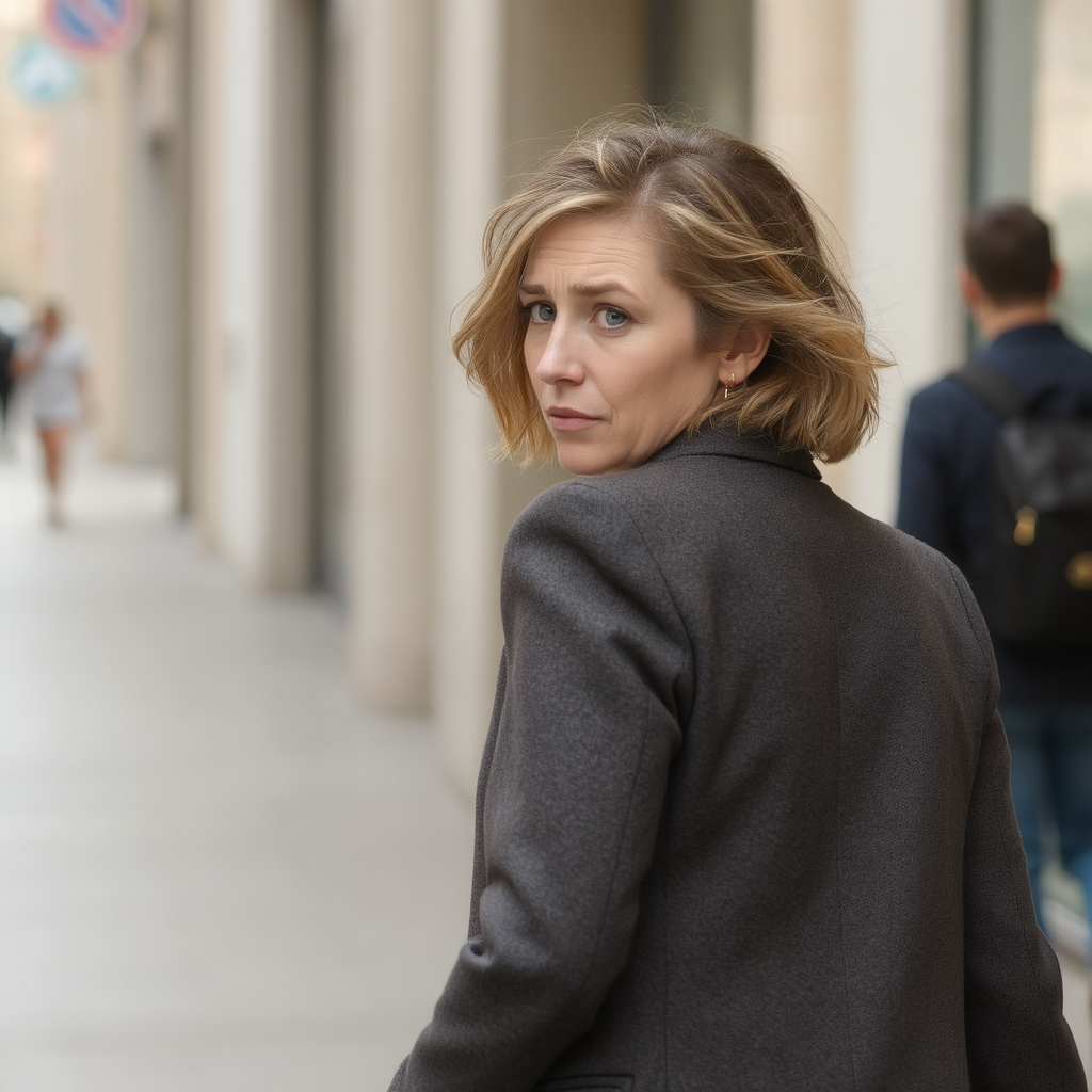 A blond short-haired woman in a business suit turns and looks over her shoulder on a bust city sidewalk reverting to her past. 