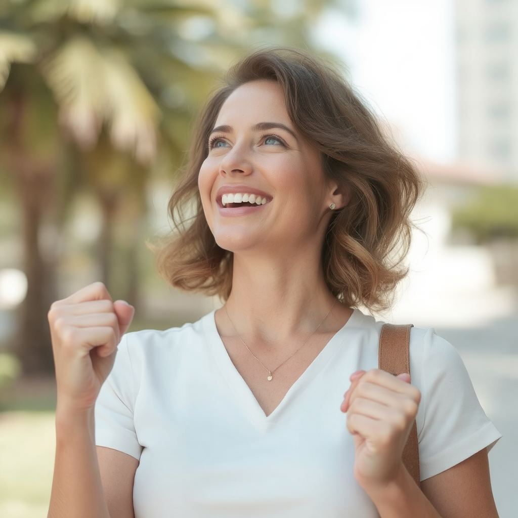 A light brown-haired woman stands on a street showing an excited smiling expression as she looks upward and forward to an exciting happy new year. She wears a simple white V-neck shirt, a small gold necklace and carries a light brown purse on her left shoulder. 