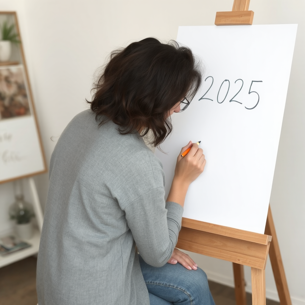 A dark-haired woman wears a gray sweater and faded jeans. She sits on a stool in front of an easel with a large paper pad sitting on it. The woman is writing "2025" on the paper.