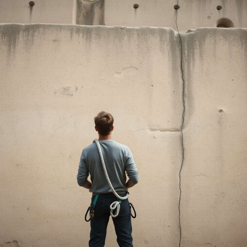 A man stands with his back to the camera as he stares up at a large concrete wall he has to get past. He wears jeans and a long sleeve t-shirt and has climbing gear and rope situated over one shoulder