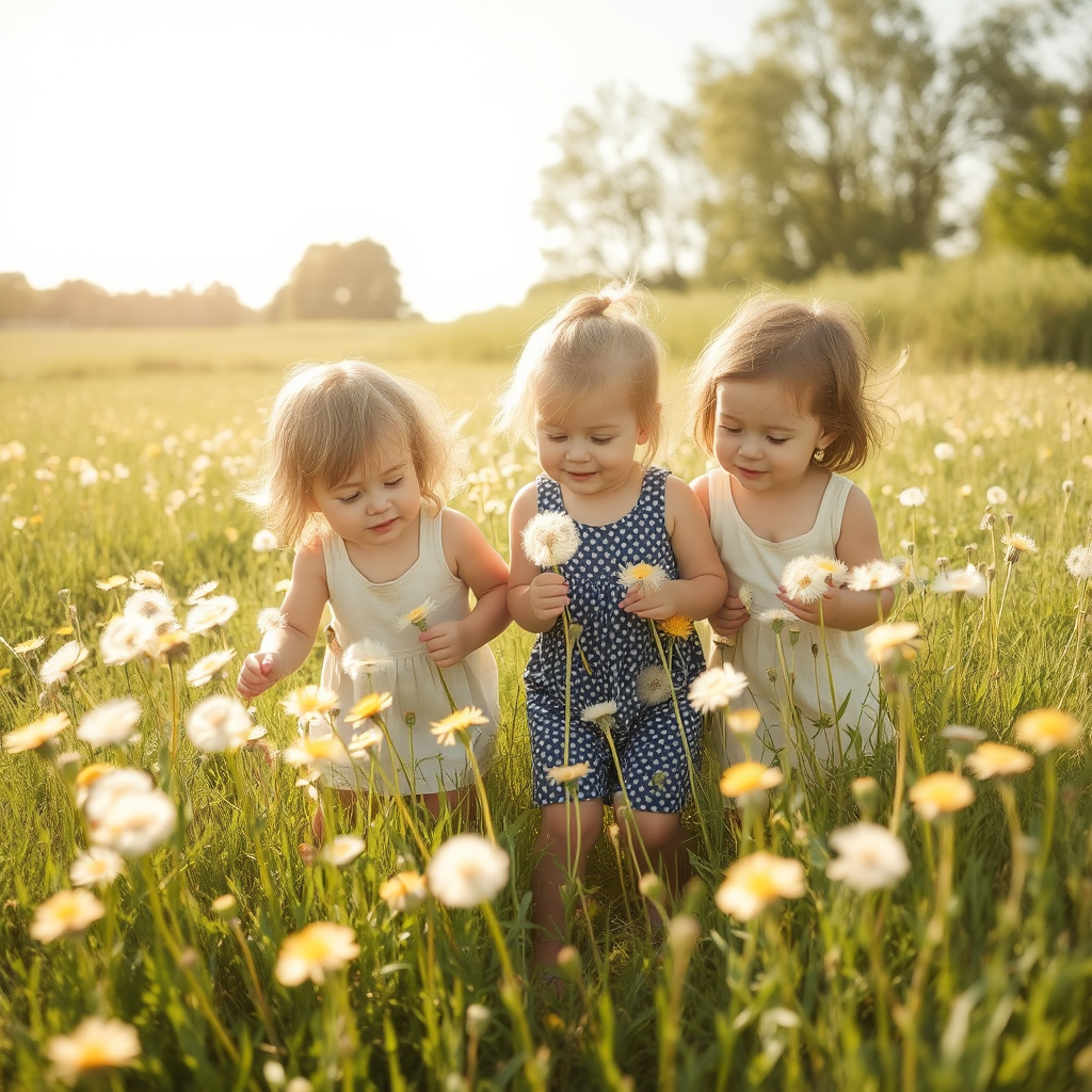 Three small children play together in a dandelion field. The sun is shining, and they are smiling.