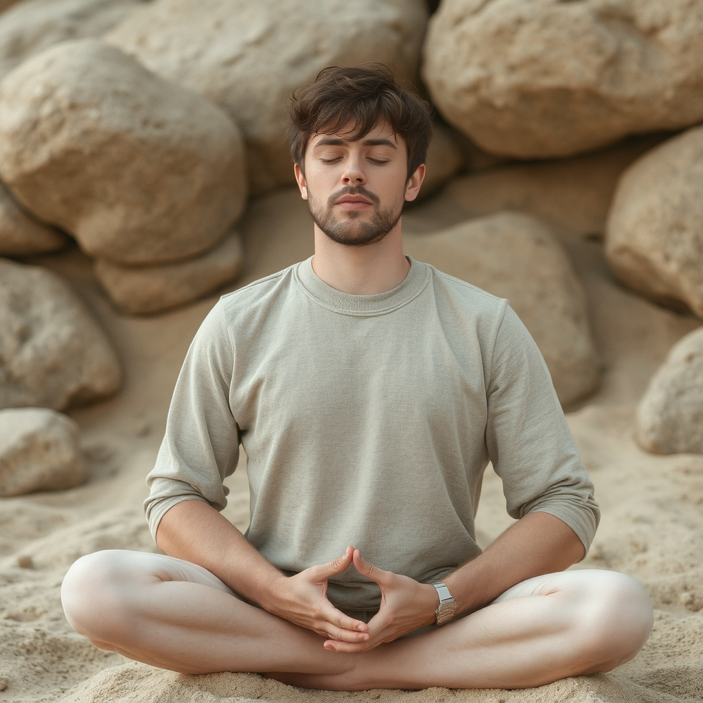 A man with dark hair meditaties and breathes in a crew necl sage green long sleeved t-shirt in front of a rocky mountainside.