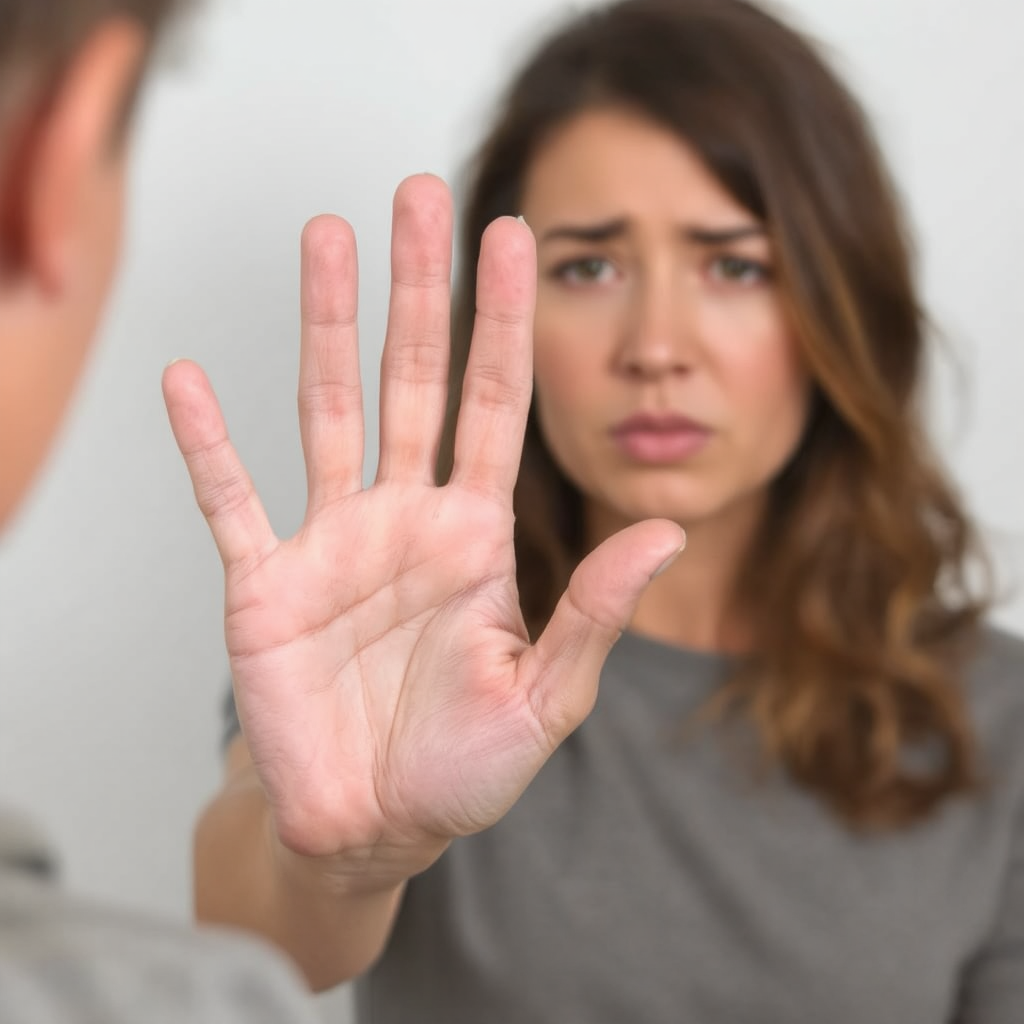 A woman holds her hand out to somebody talking to her in an attempt to stop the chaos and set a healthy boundary.