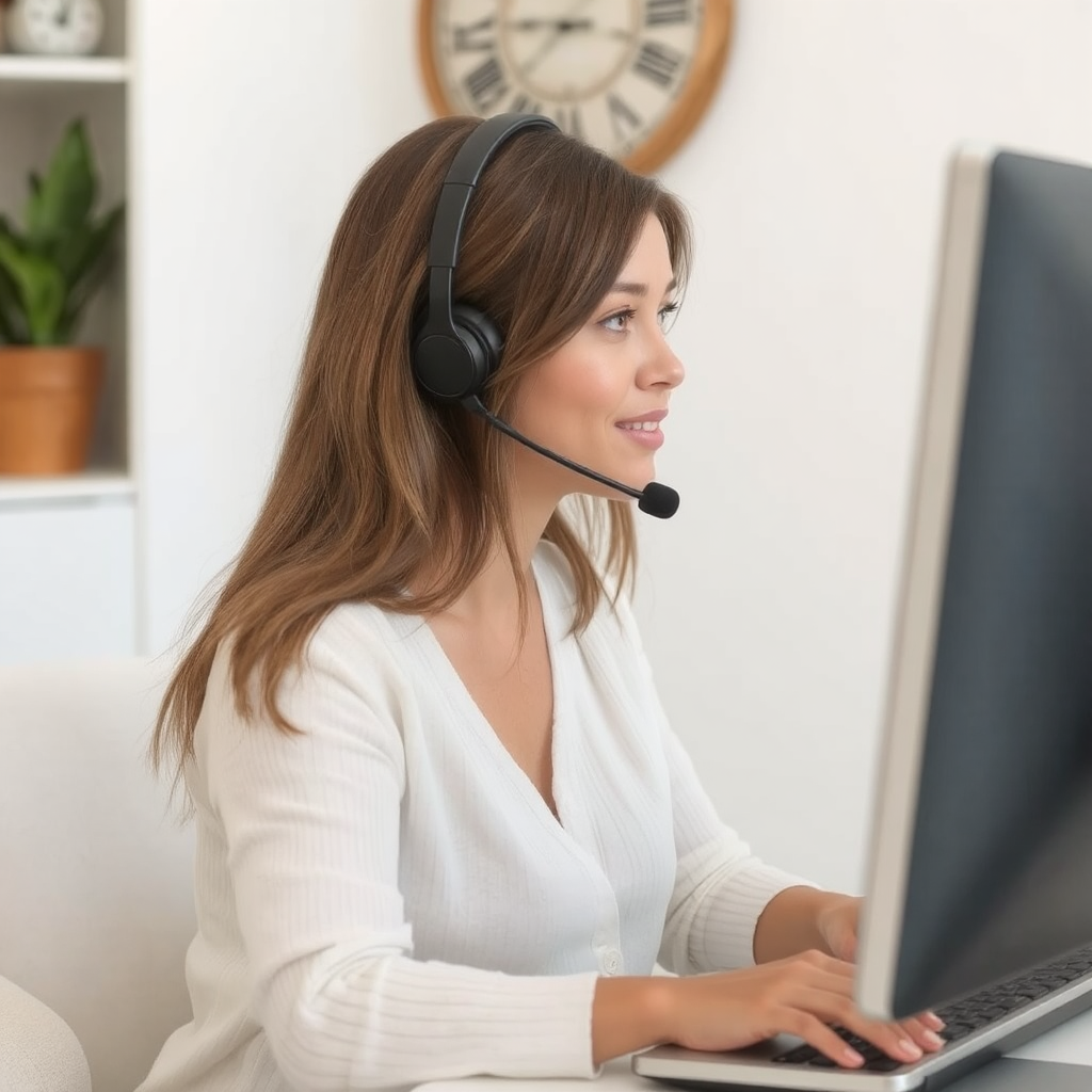 A woman in a white blouse and wearing a headset is working from home on her computer. She is smiling because she has a pleasant work-life balance.