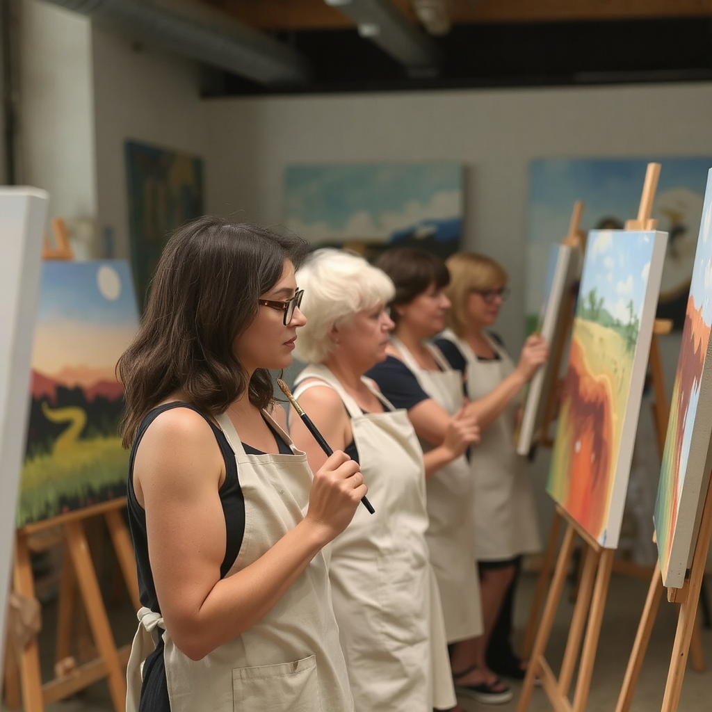 A row of different aged woman are in a row in front of their easels with art aprons on painting canvases held up by easels.