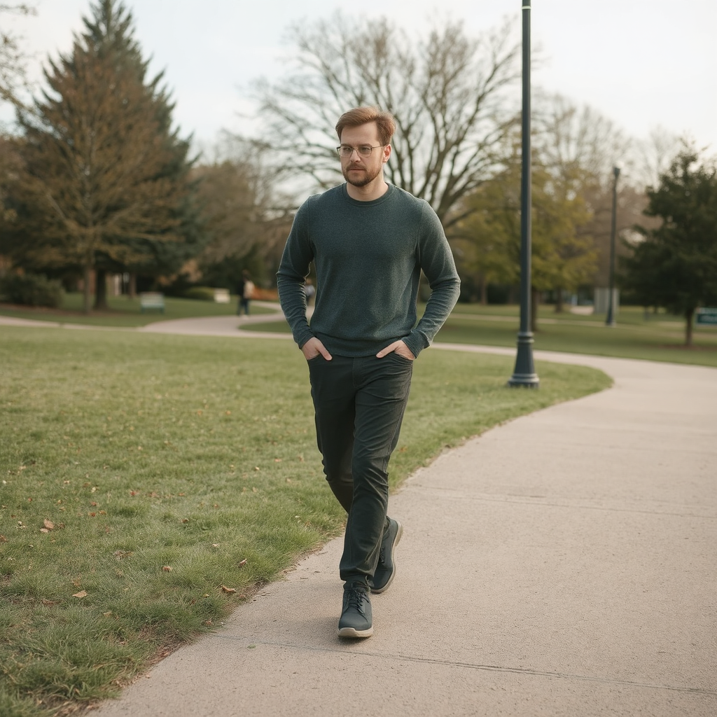 A red-haired man walks in his neighborhood on a leisurely stroll. Trees and what appears to be a park green space is shown beside the pathway he is on. 