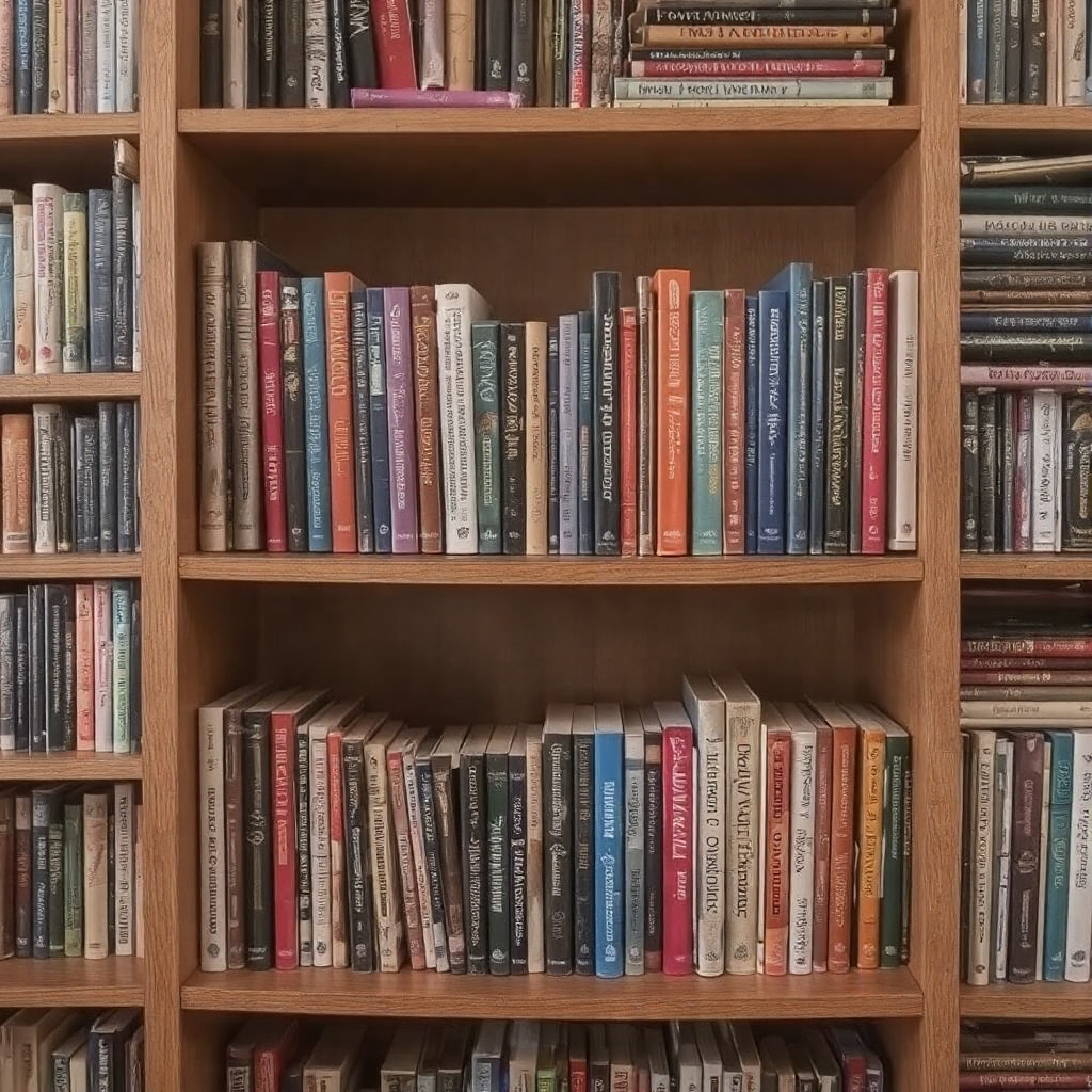 A collection of colorful books sits on a wooden bookshelf showcasing the varies colors of each read.