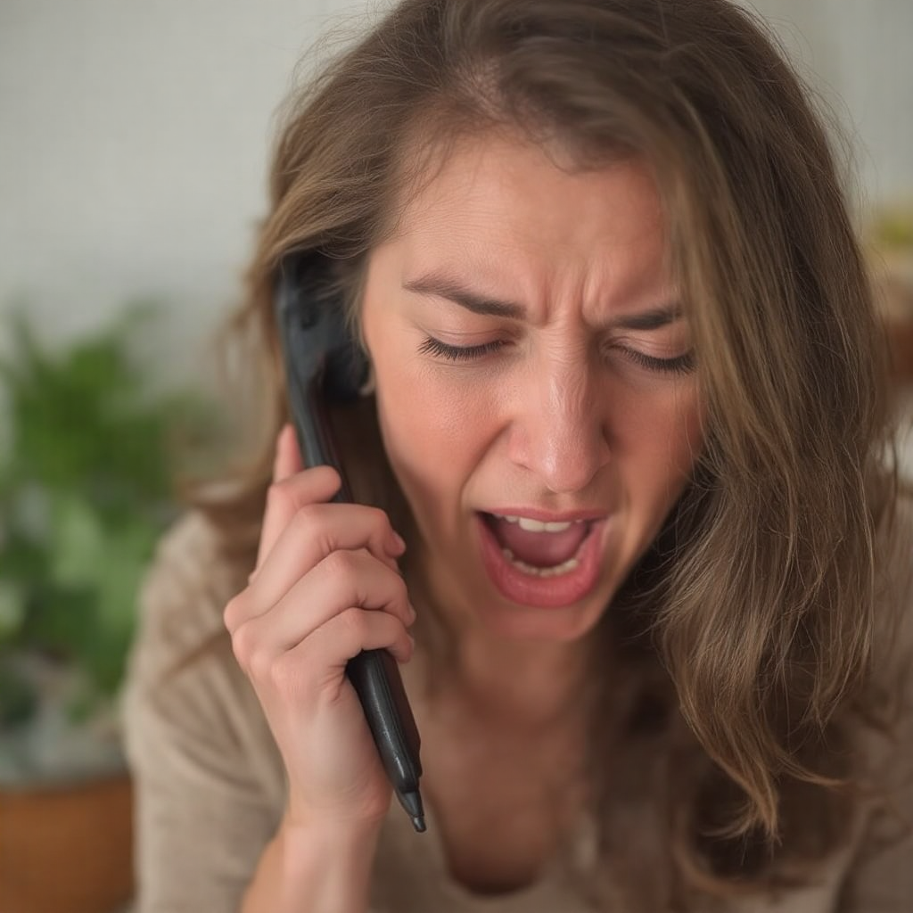 A woman cries and raises her voice in this image holding a phone to her ear as she is upset how the person on the other end of the line is treating her.