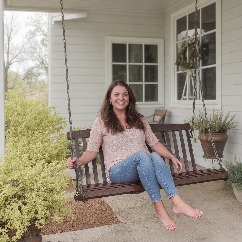 A girl sits swinging gently on a wooden porch swing. She smiles as she takes a break from her schedule. 