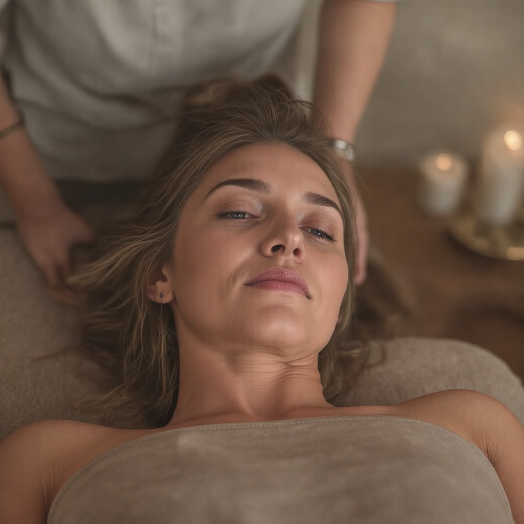 A sandy haired woman with light makeup lies on her back covered in a tan blanket on a massage table. A technician is behind her and candles are lit on a side table.