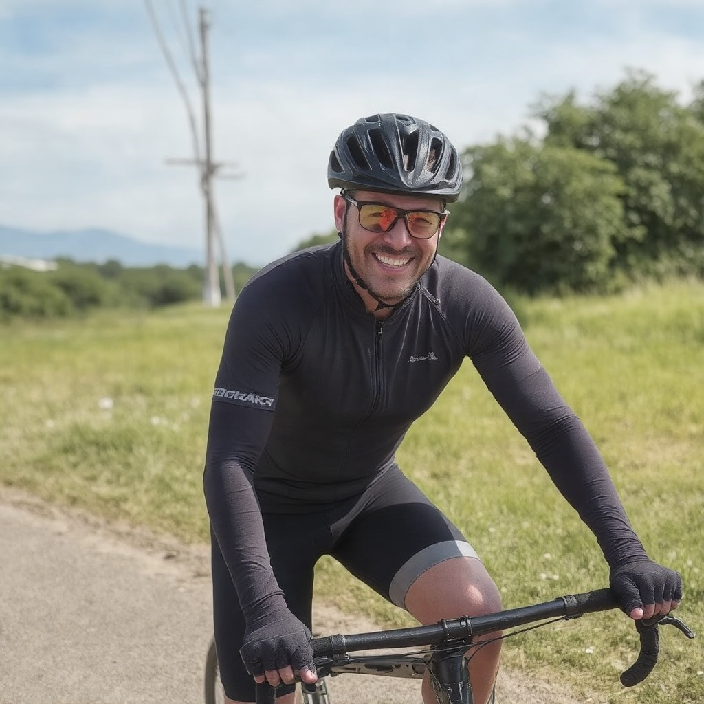 A man dressed in full cycling gear including a helmet and goggles smiles on his bicycle because he is having fun doing what he likes to do. We see the road he is riding on and trees and mountains in the distance.