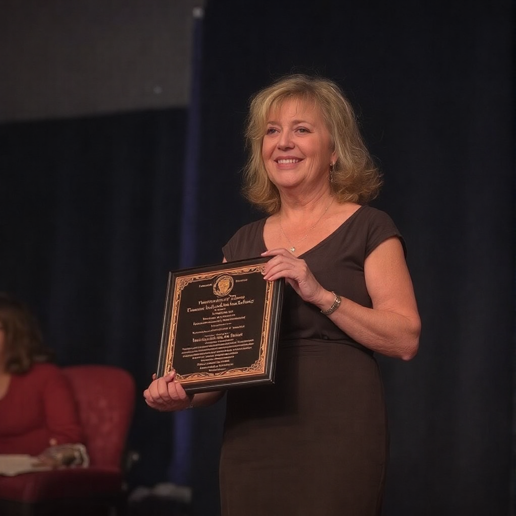 An older blonde woman holds an award up smiling as she posed for a picture with the plaque on stage. 