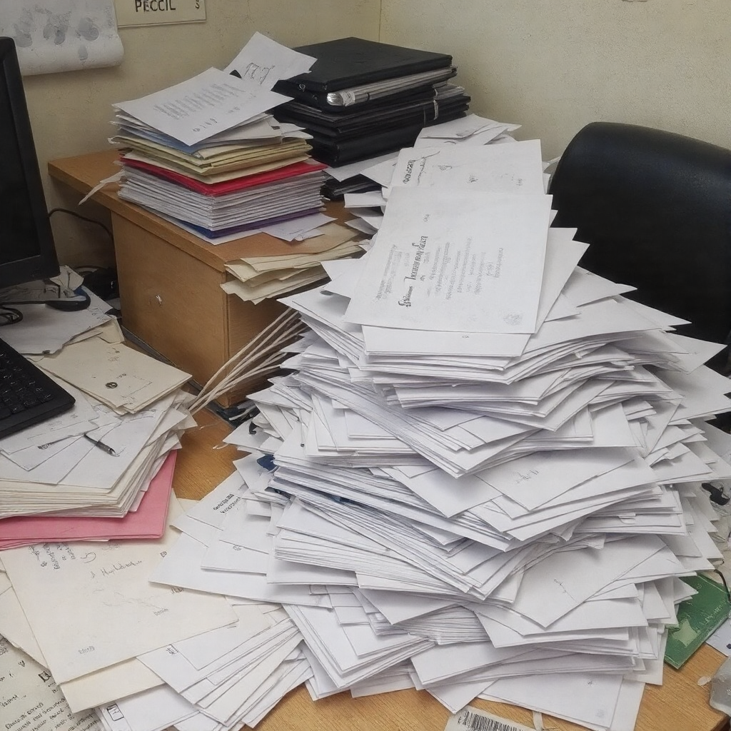 A large pile of paperwork in the corner of an office with a desk and chair is overtaking the office space.