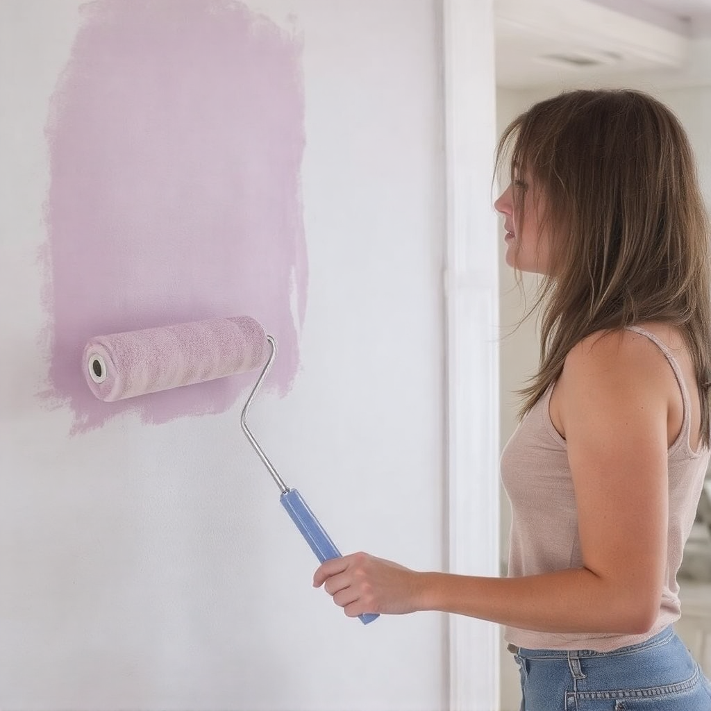 A woman in faded jeans and a spaghetti strap beige top with hair past her shoulders holds a paint roller as she changes the wall color from white to a pink shade of paint.