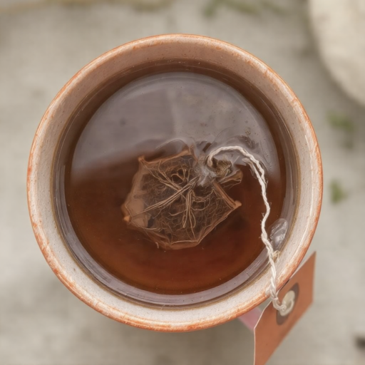 The top view of a cup of hot herbal tea is shown with the teabag still sitting in the hot water making the tea a red color.