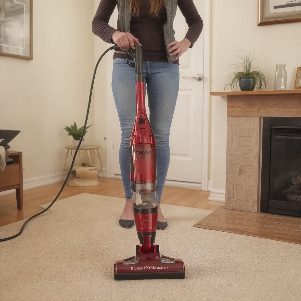 A woman is seen from the waist down as she holds a red upright vacuum in one hand. She is wearing faded jeans. flats, and a long-sleeved brown shirt. We see a fireplace, wooden floor covered with a rub, and other furniture and decor in the space also.