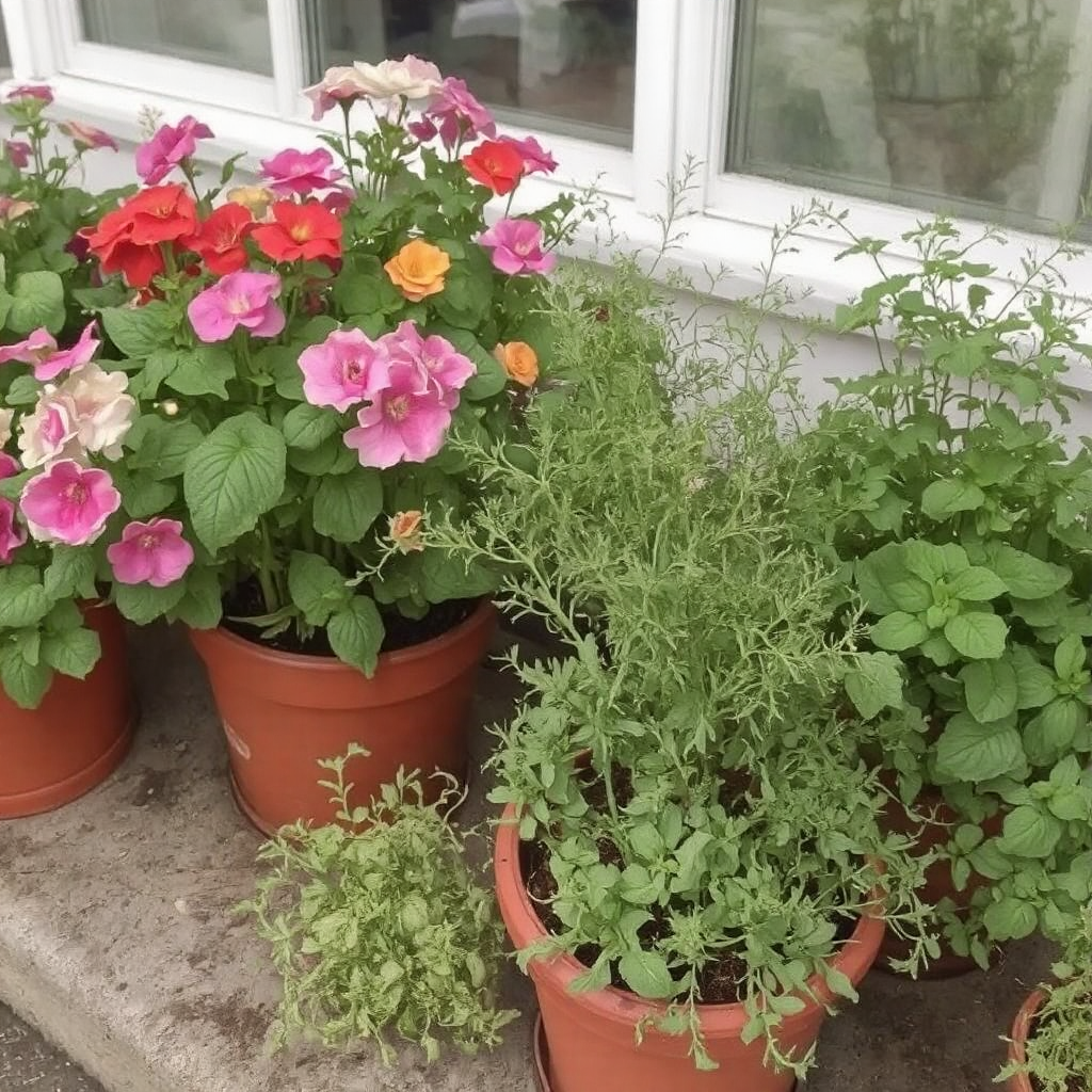 A terra cotta planter holds beautiful colored blooming flowers with lush green leaves. Beside it are more planters filled with fresh herbs.