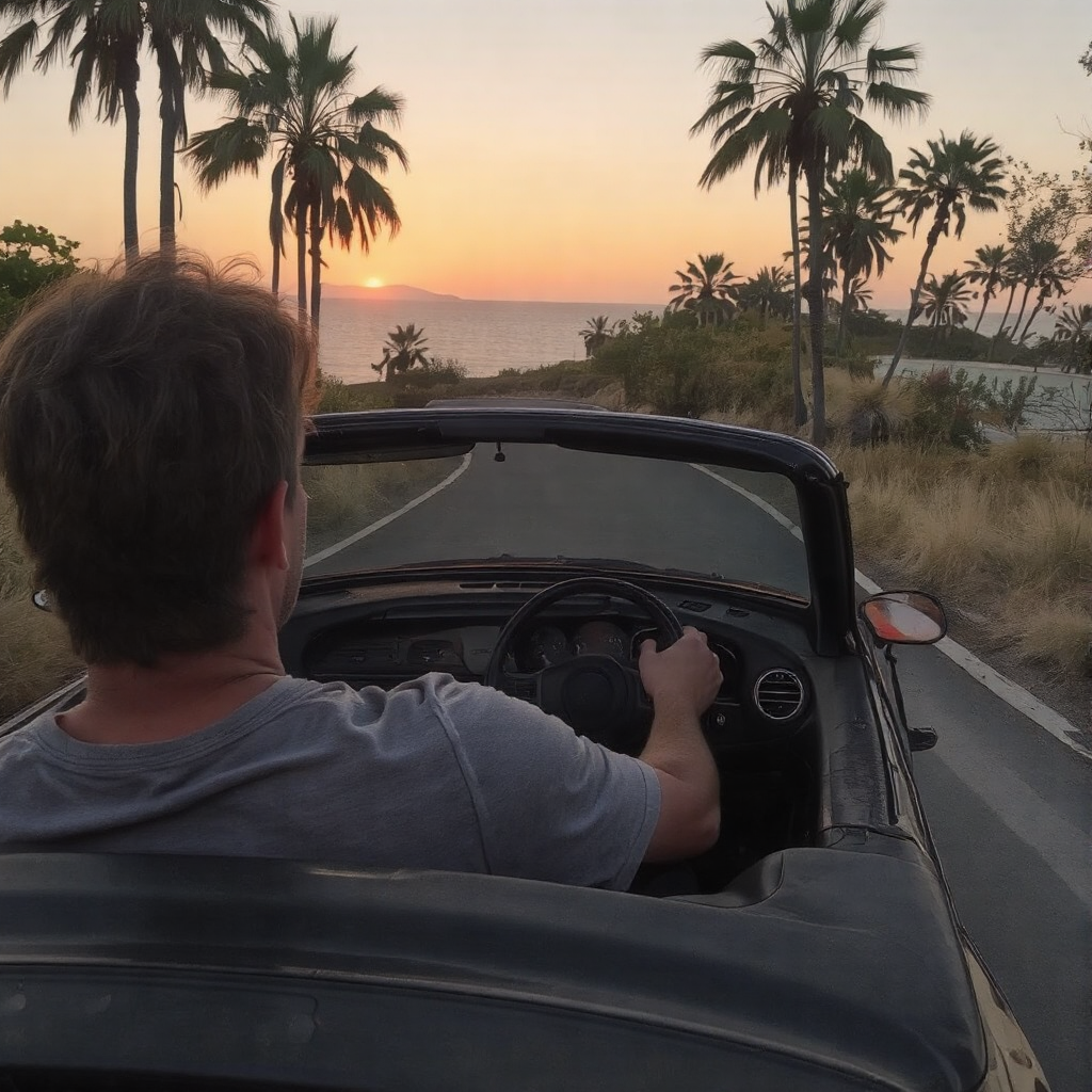 A man drives in a convertible sportscar with the top down at sunset along a beautiful palm tree lined road.