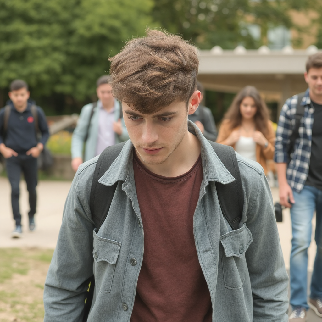 A young man walks away from a group of friends that aren't meeting up to his standards any longer. He wears a faded jean jacket and a brown t-shirt as he carries a backpack on his back. His friends are blurred in the distance behind him.